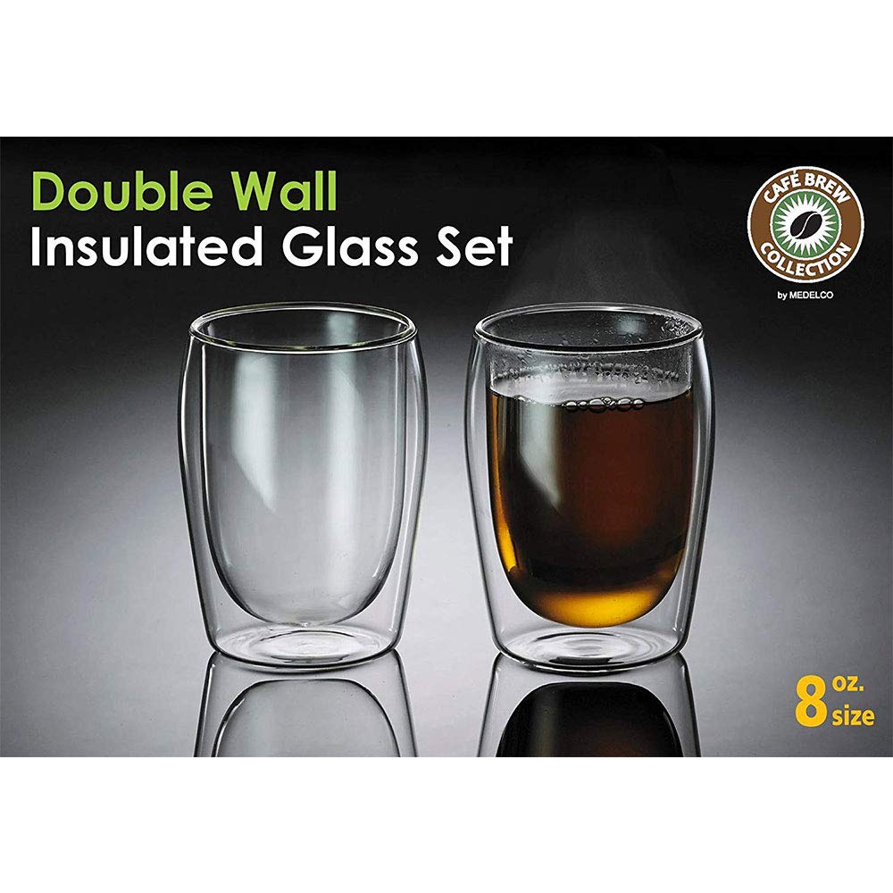 CAFÉ BREW COLLECTION Double Wall Insulated Glasses Espresso Mugs (Set of 2) - 8oz Coffee Cup Set, Dishwasher Safe