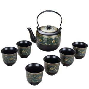 fanquare japanese porcelain tea set, handmade kungfu teapot with 6 cups, large black teapot with gold flowers pattern