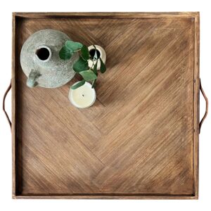 luiyo large ottoman wood tray- with leather handle decorative wooden 24 x 24 x1.5 inches square serving tray best for coffee table, living room and kitchen (large 24 * 24)