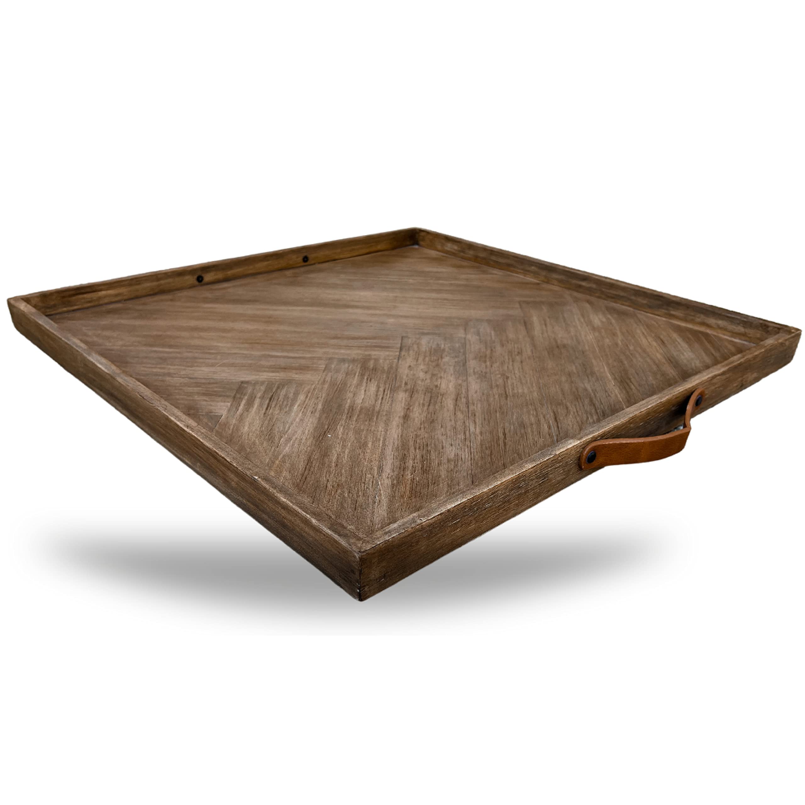 LUIYO Large Ottoman Wood Tray- with Leather Handle Decorative Wooden 24 x 24 x1.5 Inches Square Serving Tray Best for Coffee Table, Living Room and Kitchen (Large 24 * 24)