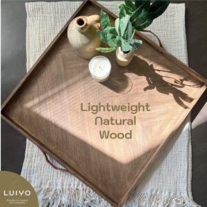 LUIYO Large Ottoman Wood Tray- with Leather Handle Decorative Wooden 24 x 24 x1.5 Inches Square Serving Tray Best for Coffee Table, Living Room and Kitchen (Large 24 * 24)