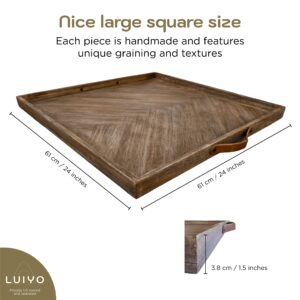 LUIYO Large Ottoman Wood Tray- with Leather Handle Decorative Wooden 24 x 24 x1.5 Inches Square Serving Tray Best for Coffee Table, Living Room and Kitchen (Large 24 * 24)