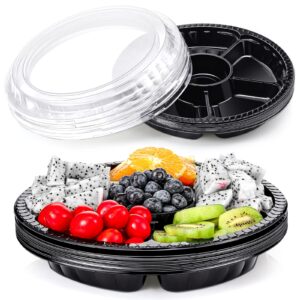 patelai 10 pcs plastic veggie tray with lid fruit trays round disposable appetizer serving trays with 6 divided compartment for vegetable salad food snack serving platter
