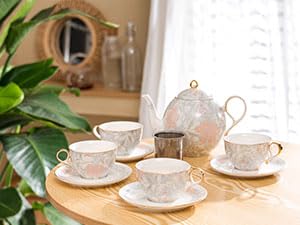 Taimei Teatime Porcelain Tea Set, European Teapot Set with 1 Teapot with Infuser (37 oz), 4 Tea Cups and Saucers, Tea Set for Woman with Lily Floral Pattern, Tea Gift Set For Tea Lover and Woman