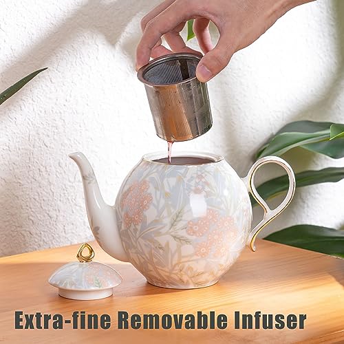 Taimei Teatime Porcelain Tea Set, European Teapot Set with 1 Teapot with Infuser (37 oz), 4 Tea Cups and Saucers, Tea Set for Woman with Lily Floral Pattern, Tea Gift Set For Tea Lover and Woman