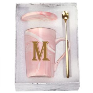 letter m personalized initial mug, letter m personalized marble coffee mug, letter coffee mugs for women, bridal shower gifts, man and women's initials gifts mug 14 ounce pink with gift box