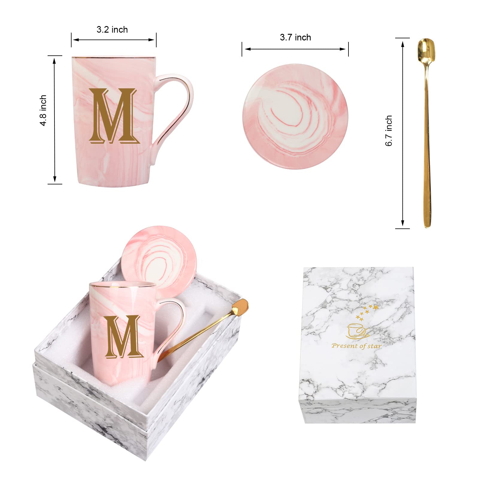 Letter M Personalized Initial Mug, Letter M Personalized Marble Coffee Mug, Letter Coffee Mugs for Women, Bridal Shower Gifts, Man and Women's Initials Gifts Mug 14 Ounce Pink with Gift Box