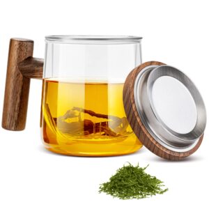 susteas tea cup with infuser 13.5oz/400ml glass tea mug with lid - clear teacup with wooden handle for tea steeping at home and office, housewarming & birthday gift