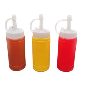 handy housewares 3 pc squeezable picnic condiment mini 4 oz. squeeze dispenser storage bottles - great for ketchup mustard and bbq sauce! (1 set)