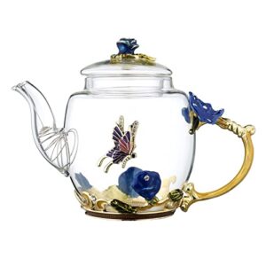 safe durable floral glass teapot with gold leaves edge colourful flower pattern floral vintage teapot tea party set (blue)