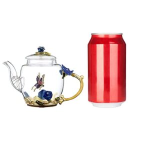 Safe Durable Floral Glass Teapot with Gold Leaves Edge Colourful Flower Pattern Floral Vintage Teapot Tea Party Set (Blue)