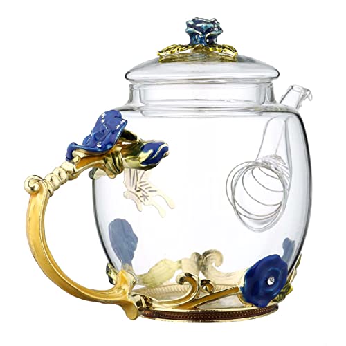 Safe Durable Floral Glass Teapot with Gold Leaves Edge Colourful Flower Pattern Floral Vintage Teapot Tea Party Set (Blue)