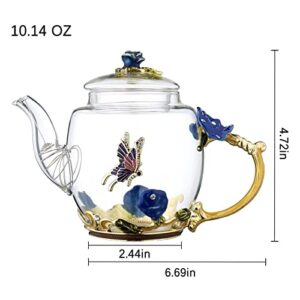 Safe Durable Floral Glass Teapot with Gold Leaves Edge Colourful Flower Pattern Floral Vintage Teapot Tea Party Set (Blue)