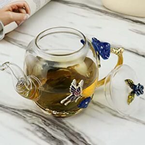 Safe Durable Floral Glass Teapot with Gold Leaves Edge Colourful Flower Pattern Floral Vintage Teapot Tea Party Set (Blue)