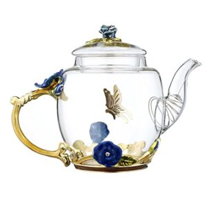 Safe Durable Floral Glass Teapot with Gold Leaves Edge Colourful Flower Pattern Floral Vintage Teapot Tea Party Set (Blue)