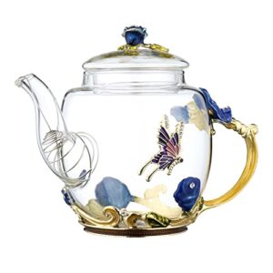 Safe Durable Floral Glass Teapot with Gold Leaves Edge Colourful Flower Pattern Floral Vintage Teapot Tea Party Set (Blue)