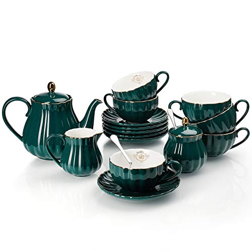 Amazingware Porcelain Tea Set - Tea Cup and Saucer Set Service for 6, with 28 ounces Teapot Sugar Bowl Cream Pitcher Teaspoons and Tea Strainer - for Thanksgiving - Pumpkin Fluted Shape, Dark Green