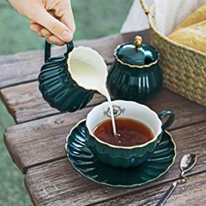 Amazingware Porcelain Tea Set - Tea Cup and Saucer Set Service for 6, with 28 ounces Teapot Sugar Bowl Cream Pitcher Teaspoons and Tea Strainer - for Thanksgiving - Pumpkin Fluted Shape, Dark Green