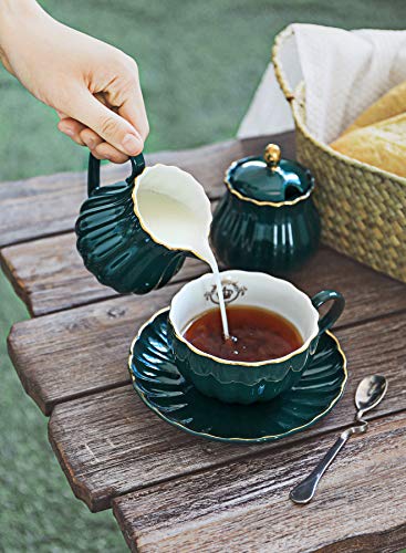 Amazingware Porcelain Tea Set - Tea Cup and Saucer Set Service for 6, with 28 ounces Teapot Sugar Bowl Cream Pitcher Teaspoons and Tea Strainer - for Thanksgiving - Pumpkin Fluted Shape, Dark Green