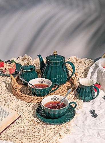 Amazingware Porcelain Tea Set - Tea Cup and Saucer Set Service for 6, with 28 ounces Teapot Sugar Bowl Cream Pitcher Teaspoons and Tea Strainer - for Thanksgiving - Pumpkin Fluted Shape, Dark Green