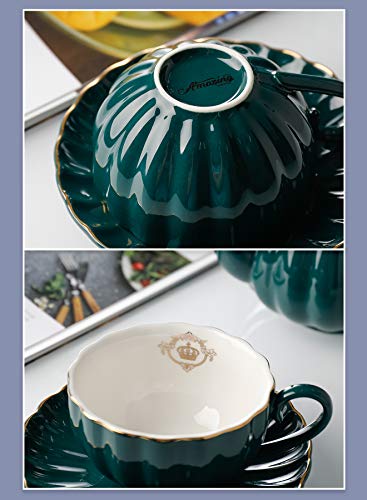 Amazingware Porcelain Tea Set - Tea Cup and Saucer Set Service for 6, with 28 ounces Teapot Sugar Bowl Cream Pitcher Teaspoons and Tea Strainer - for Thanksgiving - Pumpkin Fluted Shape, Dark Green