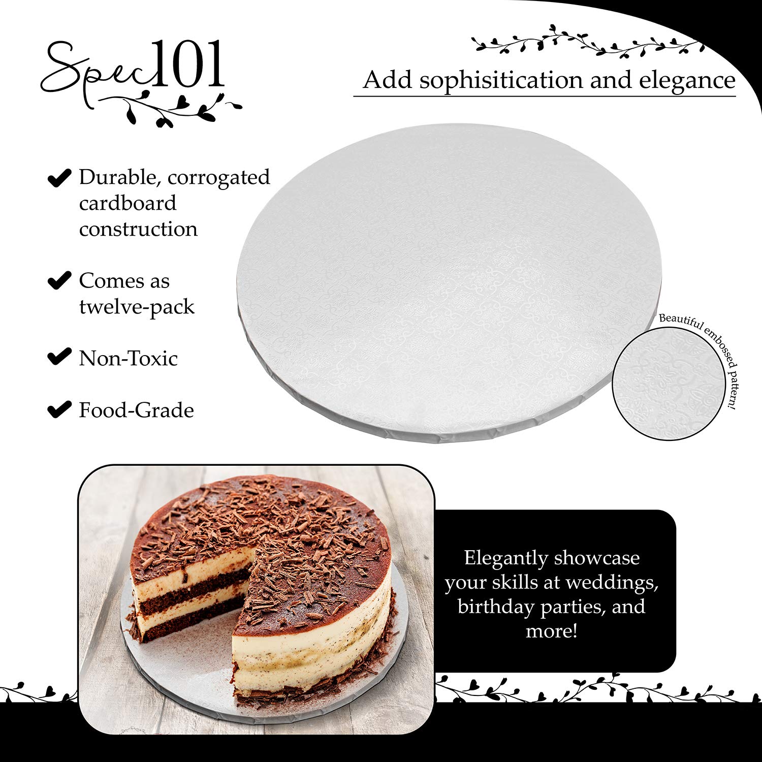 Tongtai Spec101 Round Cake Drums, 12 Inch - 12pk White Cake Drum Boards with 1/2-Inch Thick Wrapped-Edges