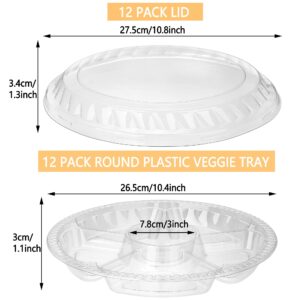 12 Pack Round Plastic Veggie Tray with Lid Fruit Tray 6 Divided Compartment Container Food Serving Dip Platter Reusable Catering Trays for Veggie Fruit Snack Party and Buffet Trays（Clear，10inch）