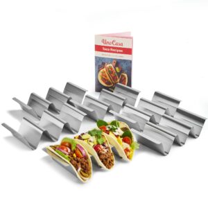 uno casa metal taco holder set of 6 - u-shaped taco holders for griddle, durable taco holders for party, stainless steel fun taco holders, dishwasher safe taco holders for oven - recipe book included