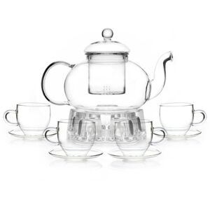 adorable full glass kettle teapot set with removable infuser strainer and 4 cups and saucers and heart shaped candle holder warmer heating base for tea blooming loose leaf home women gift