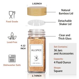 Aliggbent Spice Jars with Lable, 36 Pcs 4 oz Glass Spice Jars with Bamboo Lids, Spice Containers Bottles, Glass Seasoning Jars with Shaker Lids, Collapsible Funnel, for Spice Racks, Pantry,Cupboard