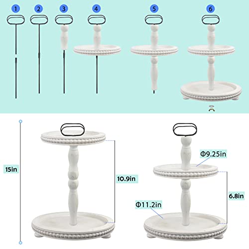 Urban Deco Wooden Decorative Tray Two Tiered Tray Decorations Round Serving Tray with Metal Handle, Wooden Cupcake Stand for Party Tiered Dessert Stand - Retro White Farmhouse Wooden Tray