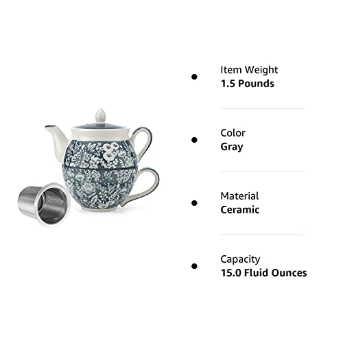 Taimei Teatime Ceramic Tea for One Set, 15 OZ Teapot with Infuser and Cup Set, Grey Teapot Set for one, Loose Leaf Tea Maker Set, Tea Set for Women, Adults Office Home Gift