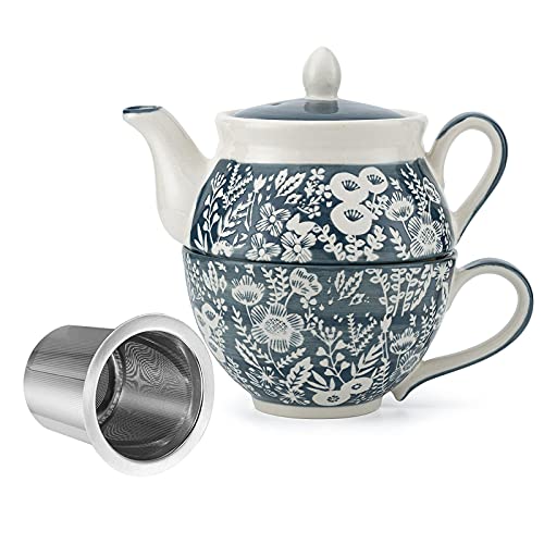 Taimei Teatime Ceramic Tea for One Set, 15 OZ Teapot with Infuser and Cup Set, Grey Teapot Set for one, Loose Leaf Tea Maker Set, Tea Set for Women, Adults Office Home Gift