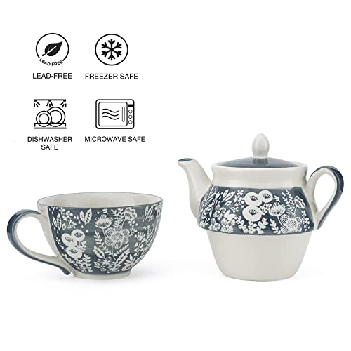 Taimei Teatime Ceramic Tea for One Set, 15 OZ Teapot with Infuser and Cup Set, Grey Teapot Set for one, Loose Leaf Tea Maker Set, Tea Set for Women, Adults Office Home Gift