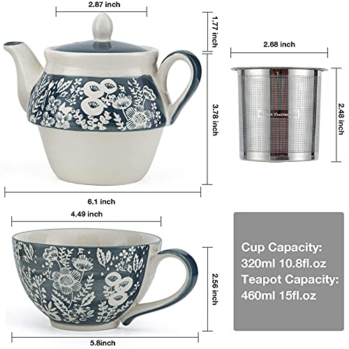 Taimei Teatime Ceramic Tea for One Set, 15 OZ Teapot with Infuser and Cup Set, Grey Teapot Set for one, Loose Leaf Tea Maker Set, Tea Set for Women, Adults Office Home Gift