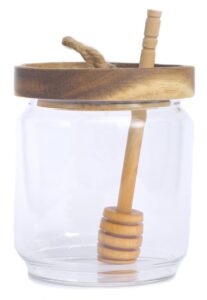 honey jar pot glass holder dispenser set with wooden dipper stick and acacia lid cover for home kitchen, clear, modern honey syrup glass container for storage gift, honey pot and drizzler (14 oz)