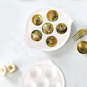 Okllen 4 Pack Ceramic Escargot Plates with 6 Holes and Handles, 6.5 Inch Seafood Snail Dish Footed Plates White Escargot Baking Dish Barbecue for Home, Kitchen, Restaurant
