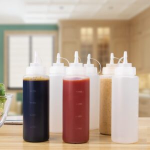squeeze bottles for sauces,16oz plastic bottles with squeeze top set of 6 refillable clear squeeze bottle with squirt nozzle,leakproof lid and measurements for ketchup, sauces, cooking oil, syrup