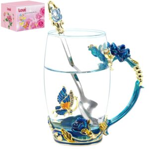 dasyfly birthday gifts for women,butterfly flower glass tea cup sky blue rose coffee mug for women mom wife sister coworker female friend on anniversary valentines mothers day christmas presents