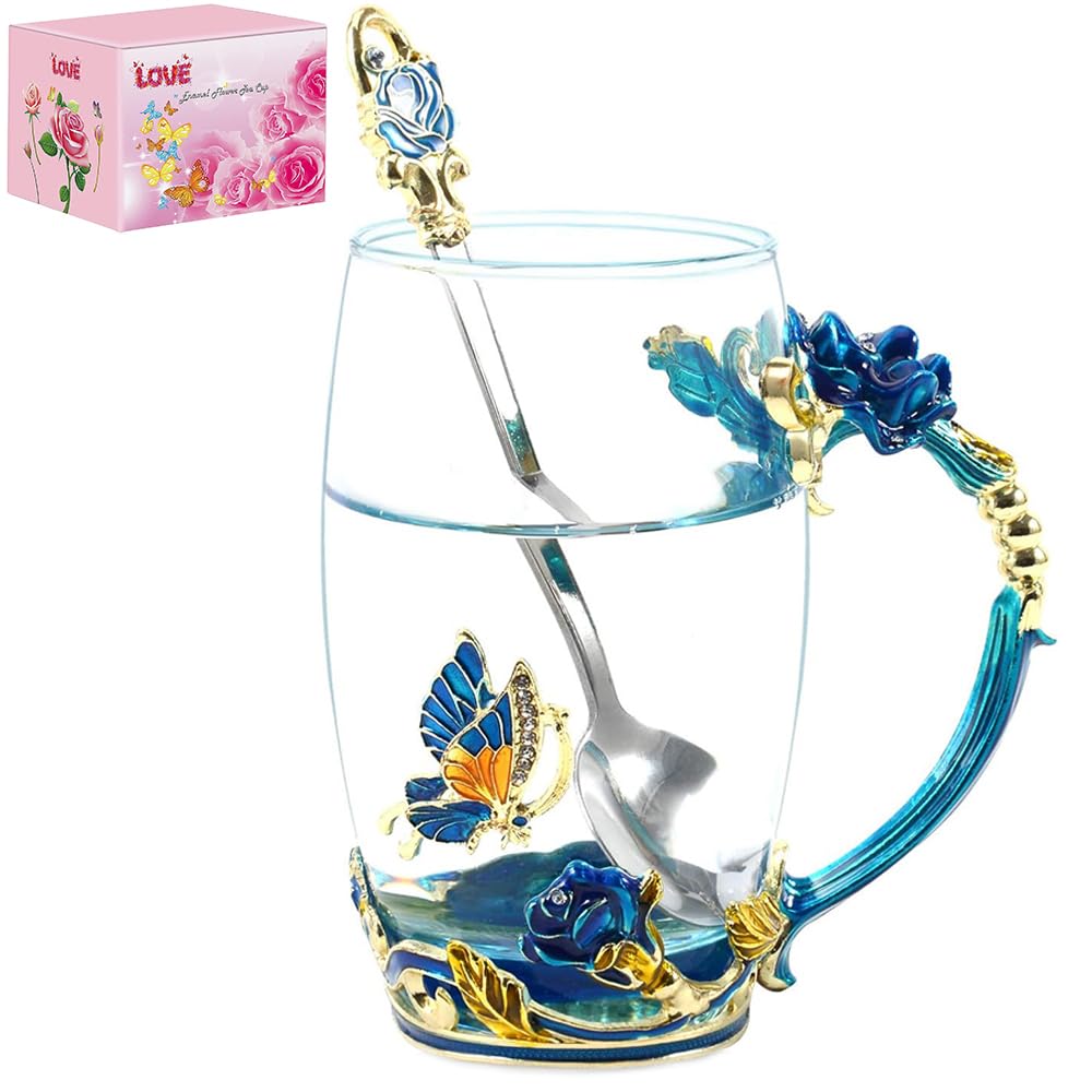 DasyFly Birthday Gifts For Women,Butterfly Flower Glass Tea Cup Sky Blue Rose Coffee Mug For Women Mom Wife Sister Coworker Female Friend on Anniversary Valentines Mothers day Christmas Presents