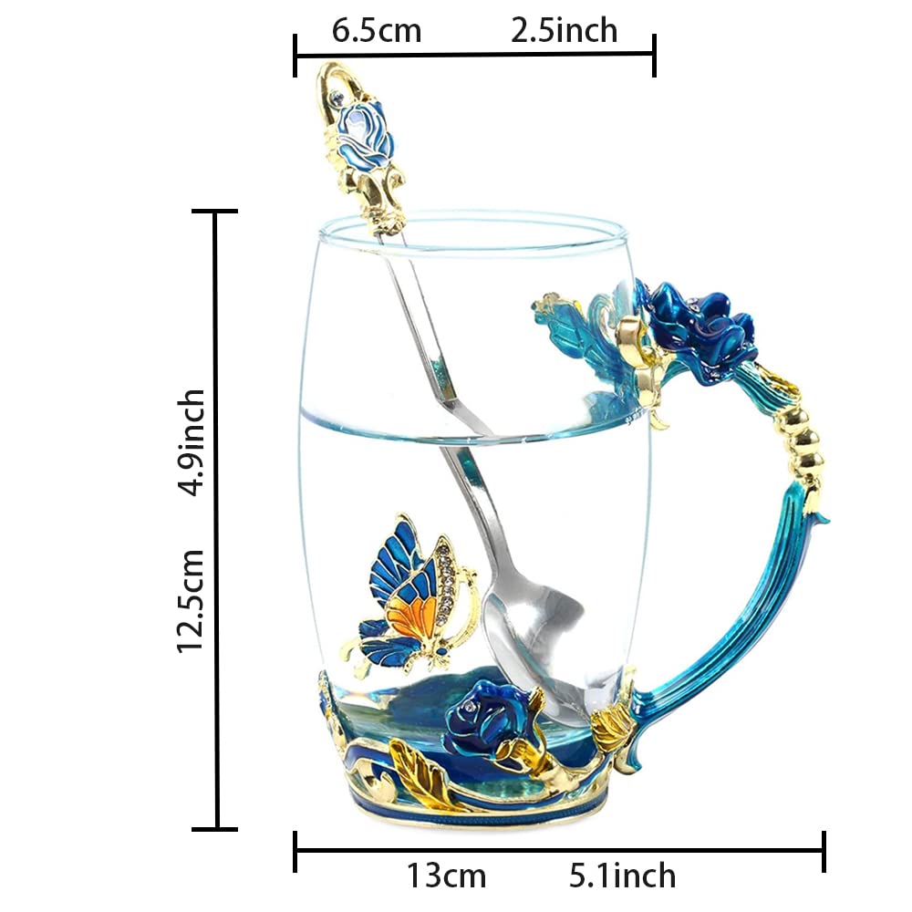 DasyFly Birthday Gifts For Women,Butterfly Flower Glass Tea Cup Sky Blue Rose Coffee Mug For Women Mom Wife Sister Coworker Female Friend on Anniversary Valentines Mothers day Christmas Presents