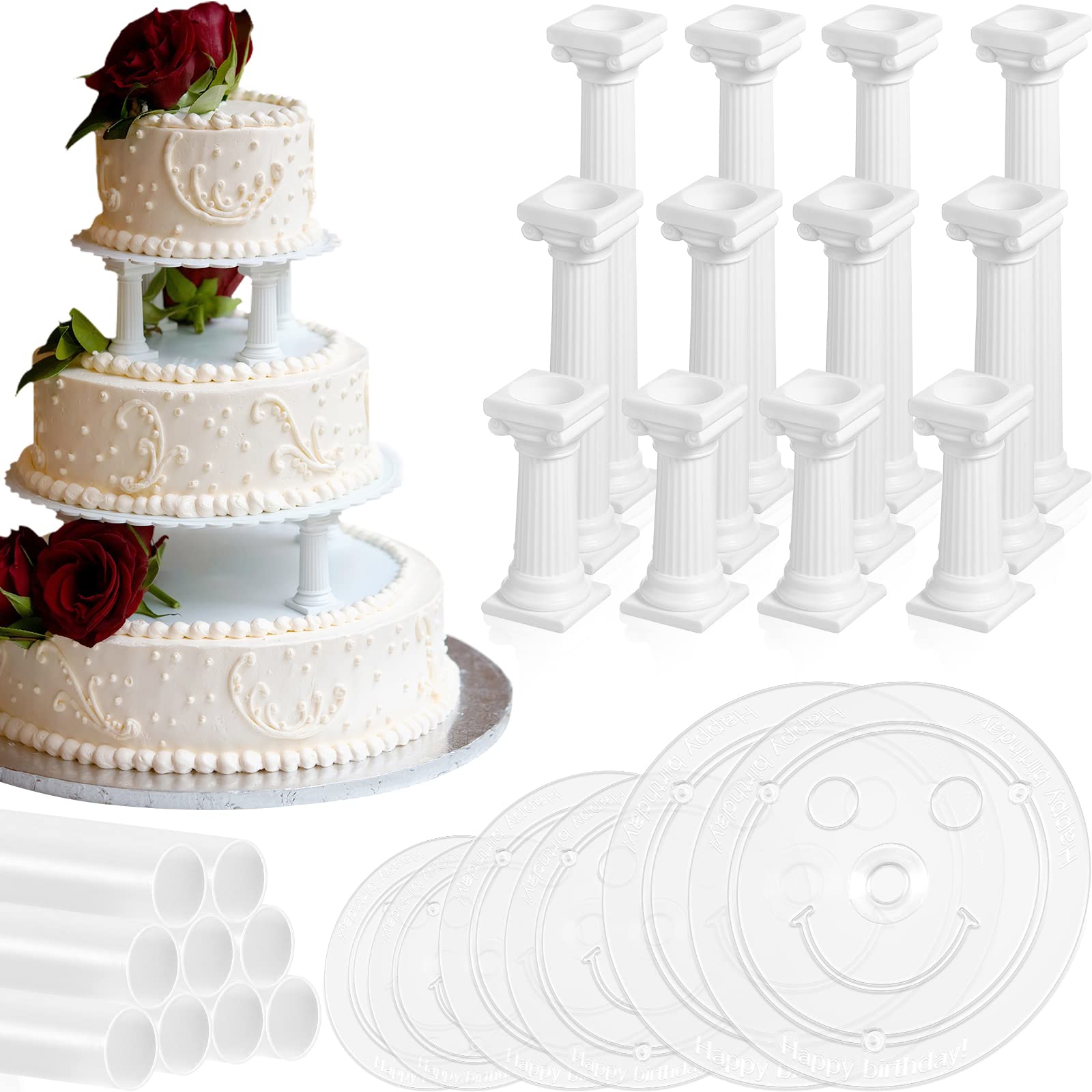 27 Pcs Cake Tier Stacking Kit Including 12 Pcs 3 Size Roman Column Cake Tiered Stands Cake Pillars 6 Pcs 12/16/20cm Cake Boards Cake Separator Plates and 9 Pcs Cake Dowel Rods for Wedding Cakes