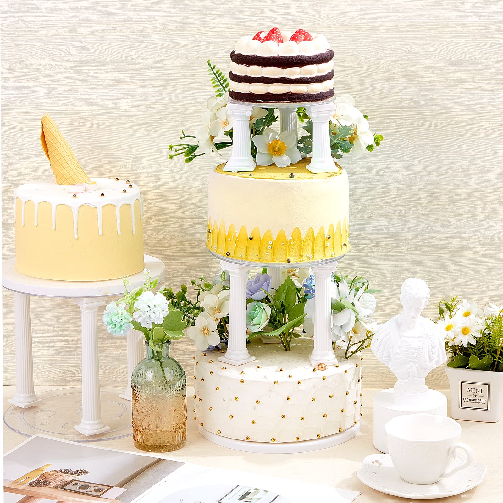 27 Pcs Cake Tier Stacking Kit Including 12 Pcs 3 Size Roman Column Cake Tiered Stands Cake Pillars 6 Pcs 12/16/20cm Cake Boards Cake Separator Plates and 9 Pcs Cake Dowel Rods for Wedding Cakes