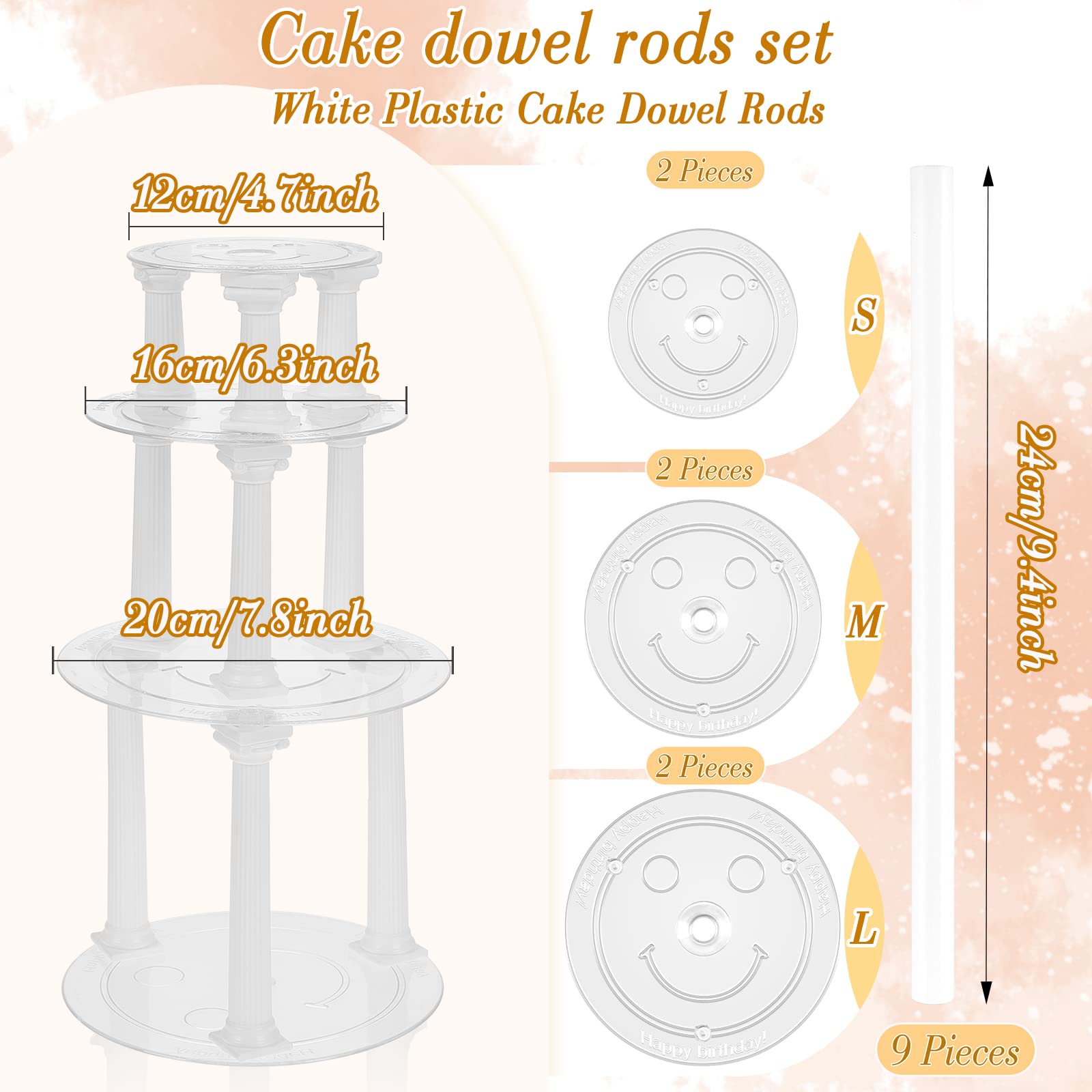 27 Pcs Cake Tier Stacking Kit Including 12 Pcs 3 Size Roman Column Cake Tiered Stands Cake Pillars 6 Pcs 12/16/20cm Cake Boards Cake Separator Plates and 9 Pcs Cake Dowel Rods for Wedding Cakes