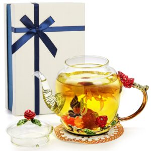 youeon 10 oz floral glass teapot with rose flower and gold edge, heat resistant enamel glass teapot with gift box, clear teapot with strainer for blooming tea, loose leaf tea, mothers day