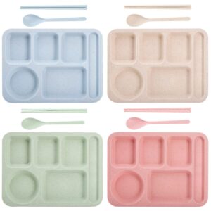 topzea 4 pack unbreakable divided plates, 6 compartments wheat straw section plates plastic dinner plate sets for adults, school lunch trays, microwave & dishwasher safe,14"x10.5"