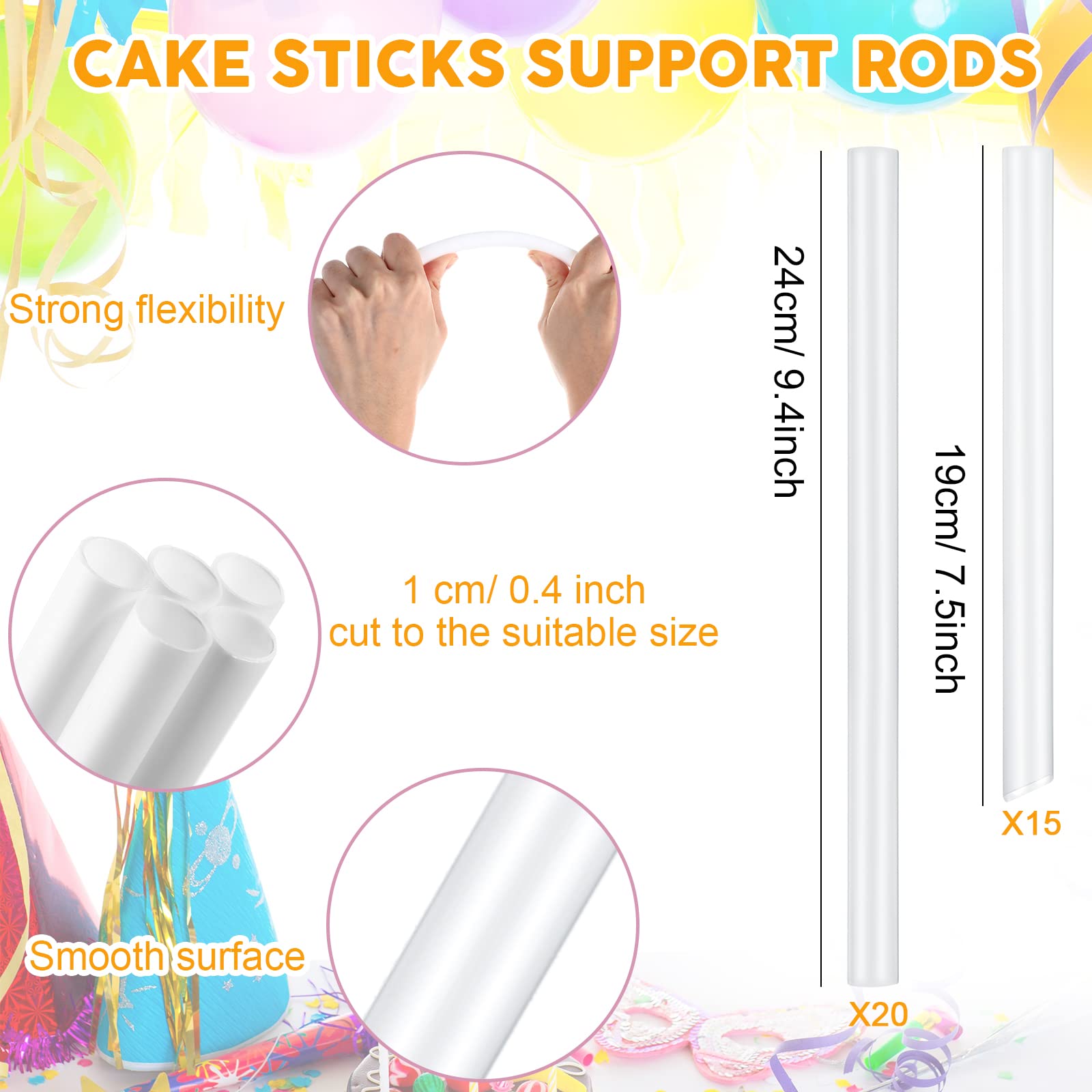 40 Pieces Plastic Cake Dowel Rods Set 20 White Cake Sticks Support Rods, 5 Cake Separator Plates for 4, 6, 8, 10, 12 Inch Cakes, 15 Clear Cake Stacking Dowels for Tiered Cakes (Clear Plates)