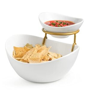 miamolo porcelain serving bowl set for appetizer serving dishes set with 2 compartment, chip and dip taco rack display salad bar serving set, gold stand