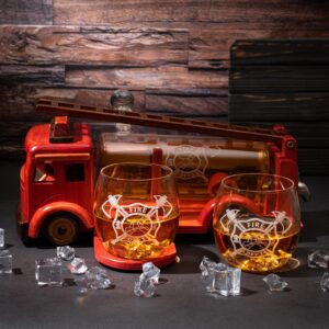 Firetruck Whiskey Decanter with Two 12 oz Glasses Gift Firefighter Gifts, Fireman, Fireman Figurine, Police Gifts, Fire Department Gifts, Gift for Firefighters ! 600ml 13" L 6" H Gifts for Dad
