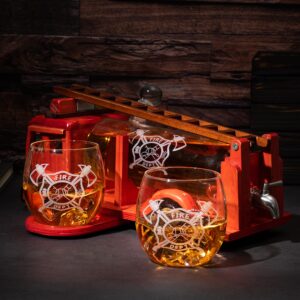 Firetruck Whiskey Decanter with Two 12 oz Glasses Gift Firefighter Gifts, Fireman, Fireman Figurine, Police Gifts, Fire Department Gifts, Gift for Firefighters ! 600ml 13" L 6" H Gifts for Dad